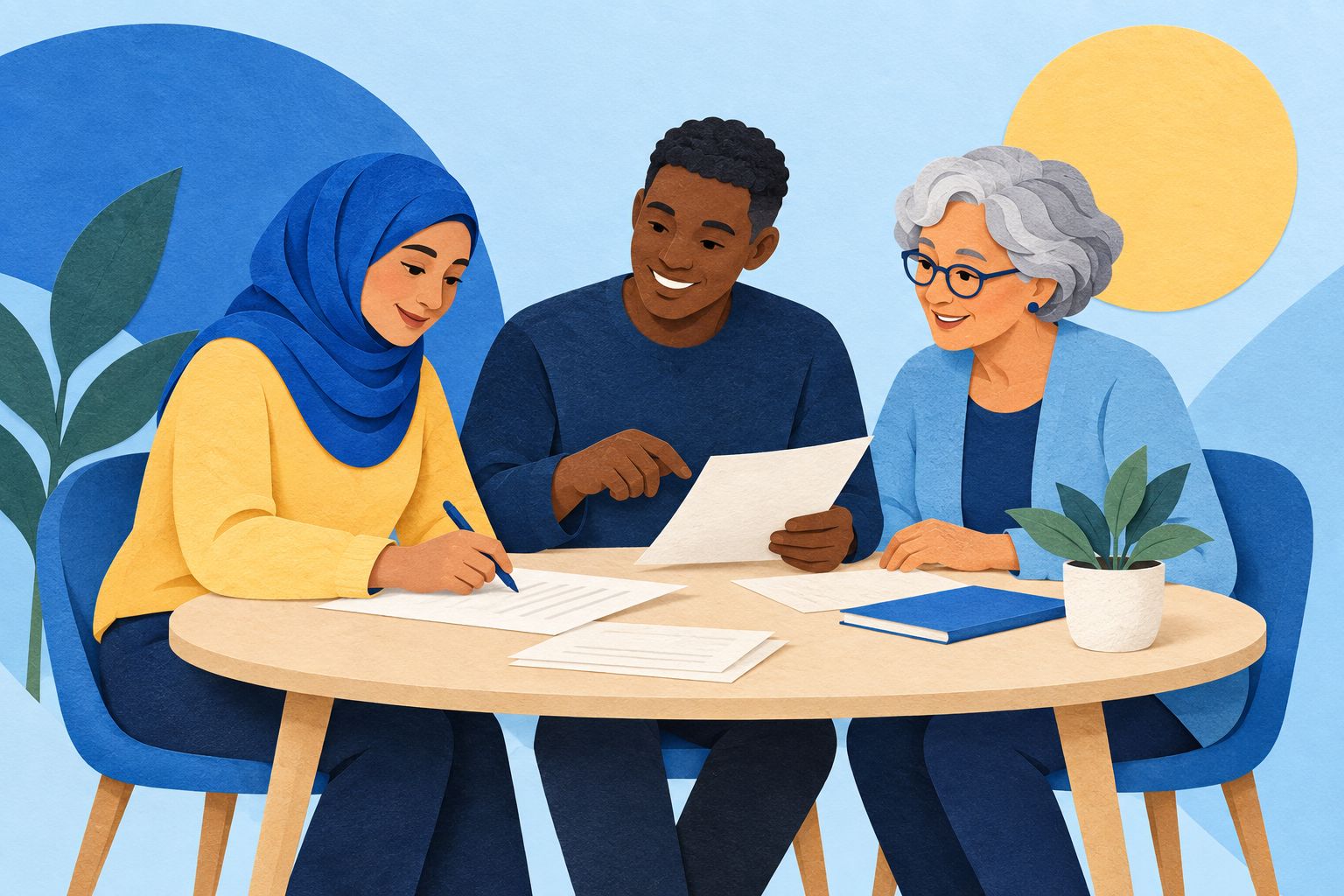 Illustration of three volunteers working together around a table